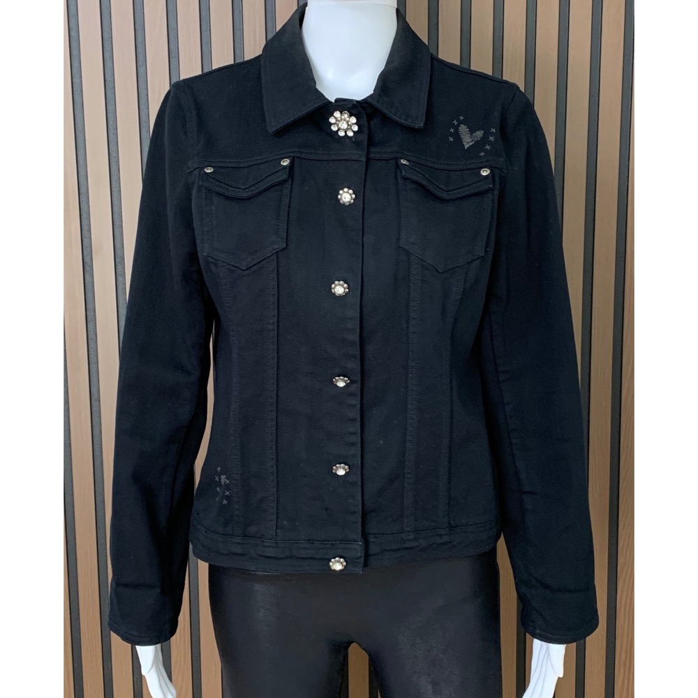 Brighton Women's Black Denim Jacket Rhinestone Flower Buttons Heart‎ Embroidery